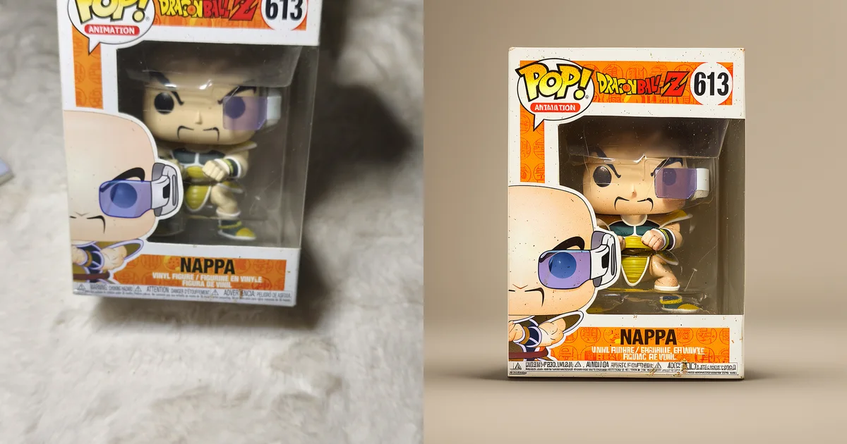 Objet Funko Pop avant et après création d’une présentation produit pour une annonce